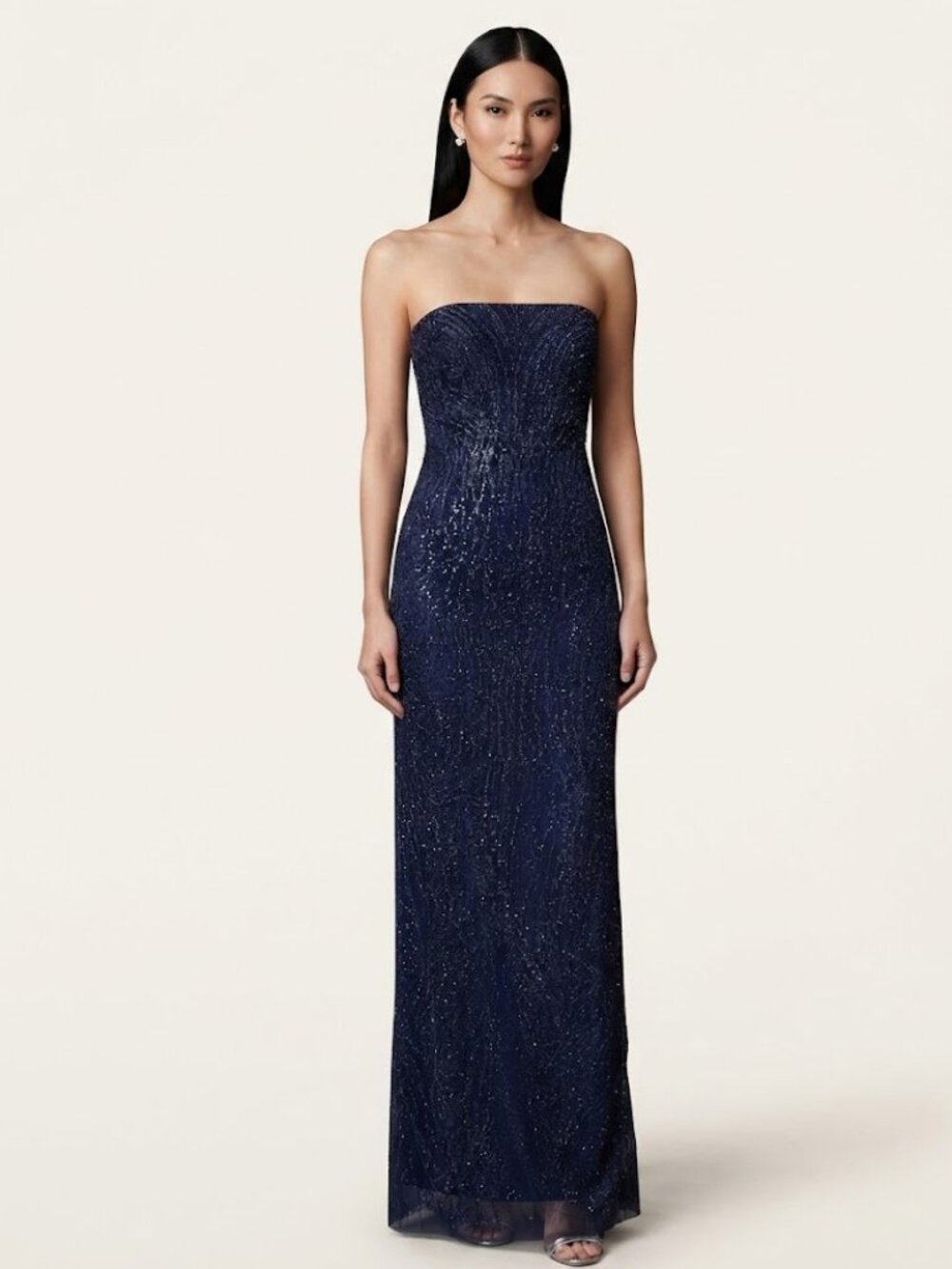 MARCHESA NOTTE Beaded Strapless Column Gown w/ Mesh Cape Navy Blue, Size 8 NWT